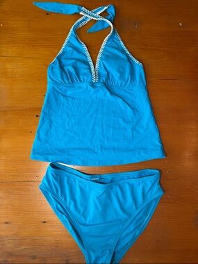 La Blanca Turquoise Halter Tankini with White Trim